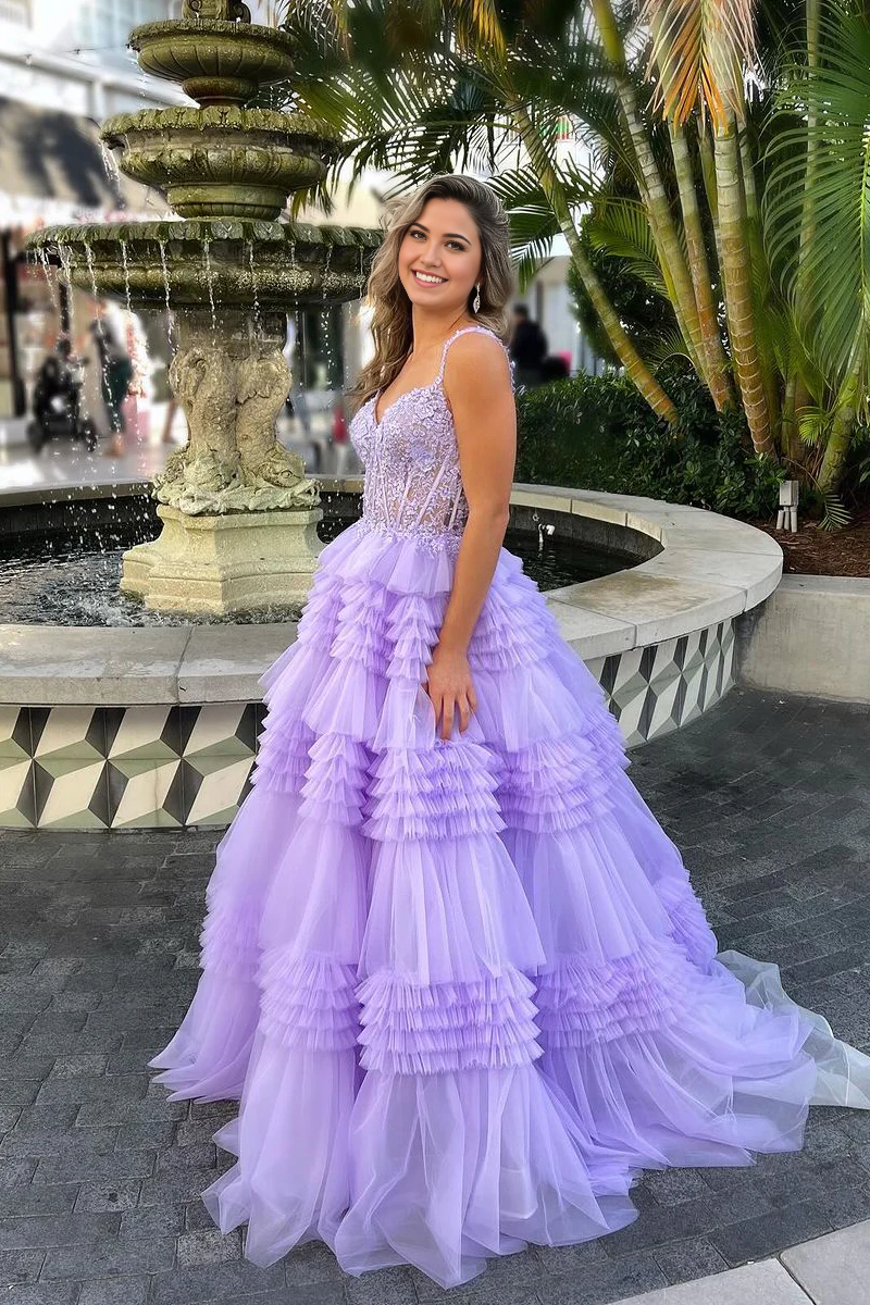 Sweetheart Lavender Tulle Tiered Cute Ball Gown Long Prom Dresses with Appliques